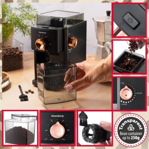 Râșniță electrică de cafea cu discuri plate (burr), 150 W, măcinare reglabilă – Klausberg KB-9010, neagră cu rose gold - Img 6
