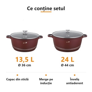 Set 2 oale mari marmorate Bachmayer 13,5 L + 24 L (36 și 44 cm), capac de sticlă, pentru zacuscă și conserve, inducție - Img 2