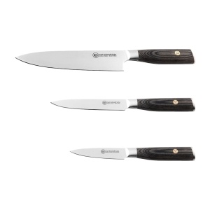 Set 3 cuțite esențiale Apex Carl Schmidt Sohn: bucătar 20 cm, utilitar 13 cm, de curățat 9 cm, mâner lemn pakka