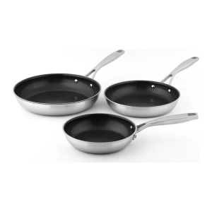 Set 3 tigăi inox DuraMax Carl Schmidt Sohn 20, 24 și 28 cm, interior ceramic antiaderent cu structură de fagure, pentru inducție și cuptor 260°C