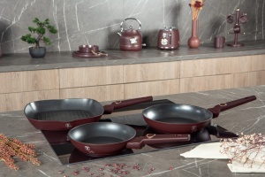 Set 3 tigai Leonardo Collection Berlinger Haus BH 8049, antiaderente, strat titan, visiniu mat, (cu tigaie grill)
