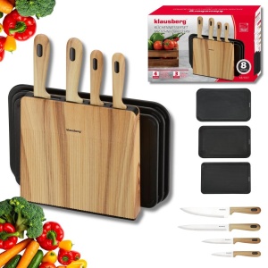 Set 4 cuțite cu 3 tocătoare și suport, 8 piese – Klausberg KB-9037, negru cu imitație de lemn - Img 3