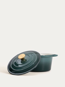 Set 4 vase din fontă emailată Homla Andreas, verde ombre: oală 24 cm 4 L, oală joasă 28 cm, oală ovală 4,5 L și tigaie 26 cm - Img 7