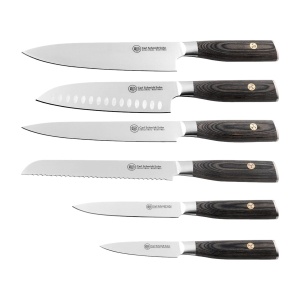 Set complet 6 cuțite Apex Carl Schmidt Sohn: bucătar, santoku, feliat, pâine, utilitar, de curățat, mâner lemn pakka