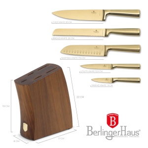 Set cutite 6 piese Leonardo Berlinger Haus BH 3125, auriu, suport lemn