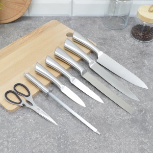 Set cutite inox cu suport Royalty line RL KSS600, cu instrument de ascutire si foarfeca de bucatarie - Img 4