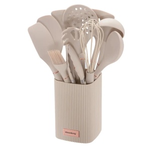 Set de ustensile de bucatarie din silicon, 12 piese, crem Klausberg KB-9012, cu suport, ideal pentru vasele antianderente
