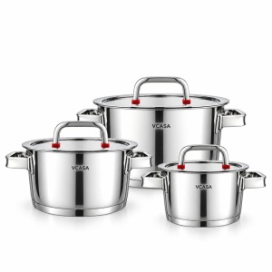 Set oale inox 304 cu capace din sticlă, 6 piese, 16/20/24 cm, pentru inducție – VCASA Sierra 90108, capace cu strecurătoare
