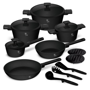 Set oale si tigai cu capace 15 Matte Black Piese Berlinger Haus BH 8198, negre, antiaderente, compatibile inductie