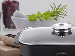 Tava roaster pentru cuptor cu capac termorezistent Royalty Line Rl-ACR34, 6.5 L, marmorata, neagra