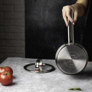 Cratiță cu coadă inox 304 cu capac 16 cm, 1,6 L, pentru inducție – VCASA Sierra 90101, capac din sticlă cu strecurătoare - Img 4