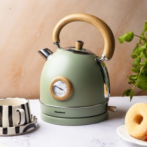 Fierbător de apă din inox cu termometru, 1,8 L – Klausberg KB-9008, verde cu inserții din lemn, bază rotativă 360° - Img 2