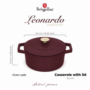 Oala fonta emailata cu capac 4,35L, 24 cm Leonardo Berlinger Haus BH 6542, visiniu
