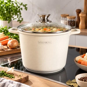 Oală înaltă marmorată cu capac 20 cm, 4 L – Royalty Line AD20MG, crem, antiaderentă, compatibilă inducție - Img 9