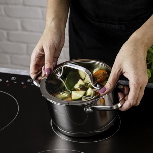 Oală inox 304 cu capac 16 cm, 1,8 L, pentru inducție – VCASA Amara 90112, capac din sticlă cu strecurătoare - Img 2