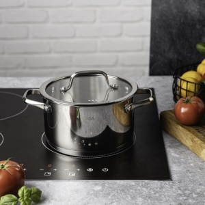Oală inox 304 cu capac 18 cm, 2,6 L, pentru inducție – VCASA Amara 90113, capac din sticlă cu strecurătoare - Img 4