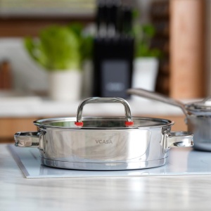 Oală joasă inox 304 cu capac 24 cm, 2,7 L, pentru inducție – VCASA Sierra 90106, capac din sticlă cu strecurătoare - Img 4