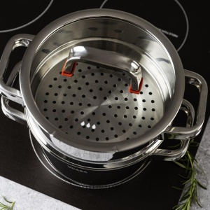 Oală pentru gătit la abur inox 304, 20 cm, 3 piese, pentru inducție – VCASA Sierra 90107, capac din sticlă - Img 6