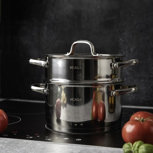 Oală pentru gătit la abur inox 304, 20 cm, 3 piese, pentru inducție – VCASA Amara 90117, capac cu strecurătoare - Img 2