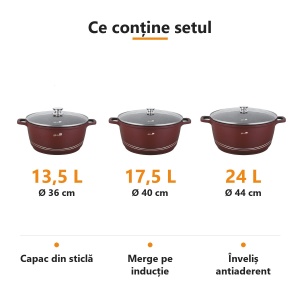 Set 3 oale mari marmorate Bachmayer 13,5 L, 17,5 L și 24 L (36, 40, 44 cm), capac de sticlă, pentru zacuscă și conserve - Img 2