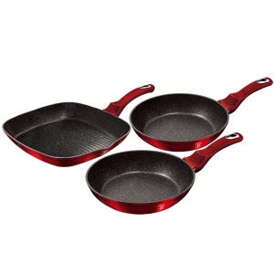 Set 3 tigai marmorate antiaderente (contine tigaie grill) de calitate, Burgundy Metalic Line Berlinger Haus BH 1289N