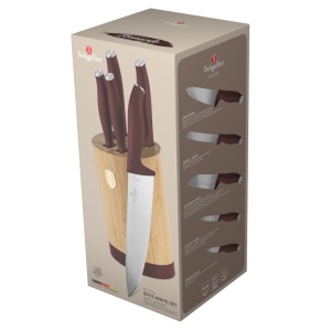 Set cutite 6 piese cu stativ Leonardo Berlinger Haus BH 2754, visiniu, suport lemn