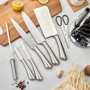 Set cutite inox cu suport Royalty line RL KSS600, cu instrument de ascutire si foarfeca de bucatarie - Img 5