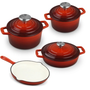 Set oale cu capace si tigaie fonta emailata de calitate, Xanten Carl Schmidt Sohn 067489 , 7 piese, rosu cu negru