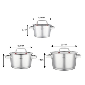 Set oale inox 304 cu capace din sticlă, 6 piese, 16/20/24 cm, pentru inducție – VCASA Sierra 90108, capace cu strecurătoare - Img 8