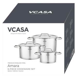Set oale inox 304 cu capace din sticlă, 6 piese, 16/20/24 cm, pentru inducție – VCASA Amara 90118, capace cu strecurătoare - Img 4