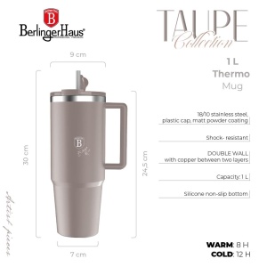 Termos 1L Taupe Collection BH 8832P, cu maner si pai, gri mat - Img 4