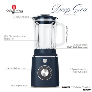 Blender cu bol de sticlă 1,5 L Deep Sea Berlinger Haus BH 9766 – 1000 W, zdrobire gheață, albastru mat - Img 5