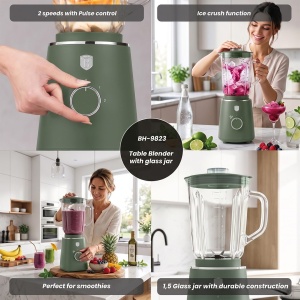 Blender de masă cu bol de sticlă 1,5 L, 1000 W – Berlinger Haus Green Matte BH 9823, verde mat, zdrobește gheața - Img 10