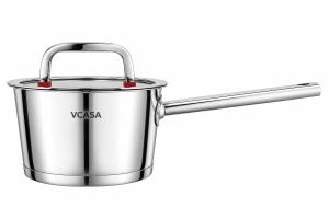 Cratiță cu coadă inox 304 cu capac 16 cm, 1,6 L, pentru inducție – VCASA Sierra 90101, capac din sticlă cu strecurătoare