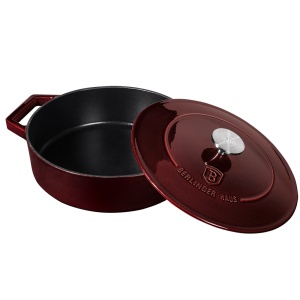 Cratita fonta emailata 2.5 L, 26 cm, cu capac, potrivita pe plita sau in cuptor, Burgundy Berlinger Haus BH 6498