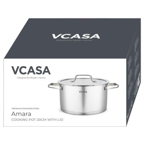Oală inox 304 cu capac 20 cm, 3,4 L, pentru inducție – VCASA Amara 90114, capac din sticlă cu strecurătoare - Img 3