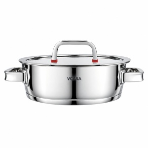 Oală joasă inox 304 cu capac 24 cm, 2,7 L, pentru inducție – VCASA Sierra 90106, capac din sticlă cu strecurătoare