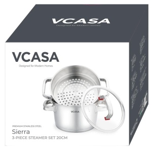 Oală pentru gătit la abur inox 304, 20 cm, 3 piese, pentru inducție – VCASA Sierra 90107, capac din sticlă - Img 3