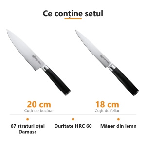 Set 2 cuțite Damasc Konstanz Carl Schmidt Sohn pentru carne: bucătar 20 cm și feliat 18 cm, HRC 60 - Img 2