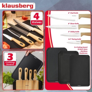 Set 4 cuțite cu 3 tocătoare și suport, 8 piese – Klausberg KB-9037, negru cu imitație de lemn - Img 7