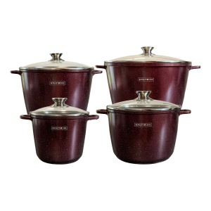 Set 4 oale înalte marmorate Royalty Line vișiniu, 4 L, 6,2 L, 10,2 L și 14 L (20, 24, 28, 32 cm), capac de sticlă, inducție