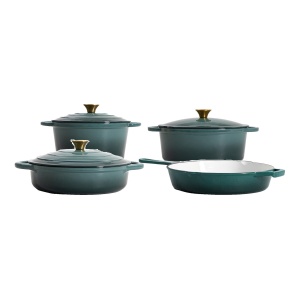 Set 4 vase din fontă emailată Homla Andreas, verde ombre: oală 24 cm 4 L, oală joasă 28 cm, oală ovală 4,5 L și tigaie 26 cm