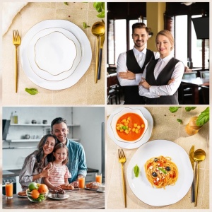 Set farfurii din sticlă opal, 18 piese pentru 6 persoane – Kinghoff KH-2037, alb cu margine aurie, în cutie cadou - Img 5