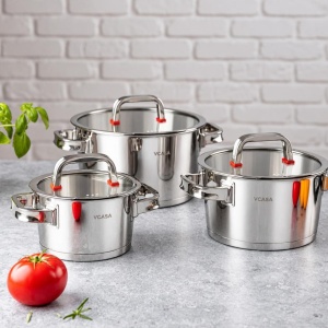 Set oale inox 304 cu capace din sticlă, 6 piese, 16/20/24 cm, pentru inducție – VCASA Sierra 90108, capace cu strecurătoare - Img 5