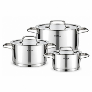 Set oale inox 304 cu capace din sticlă, 6 piese, 16/20/24 cm, pentru inducție – VCASA Amara 90118, capace cu strecurătoare