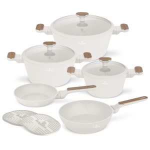 Set oale si tigai 10 piese Sahara Nordic Berlinger Haus BH 8324, crem mat, compatibil inductie, capace cu strecurator