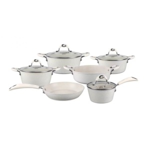 Set oale si tigaie marmorate cu capace 10 piese Royalty Line RL-1010 CM Crem