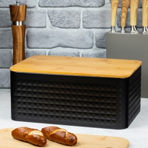 Cutie de paine 35.5 x 23.5 metalica neagra Kinghoff KH1713, capac detasabil din bambus - Img 2