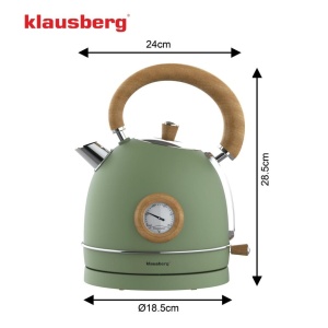 Fierbător de apă din inox cu termometru, 1,8 L – Klausberg KB-9008, verde cu inserții din lemn, bază rotativă 360° - Img 6
