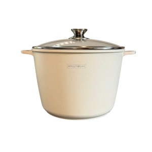 Oală înaltă marmorată cu capac 24 cm, 6,2 L – Royalty Line AD24MG, crem, antiaderentă, compatibilă inducție